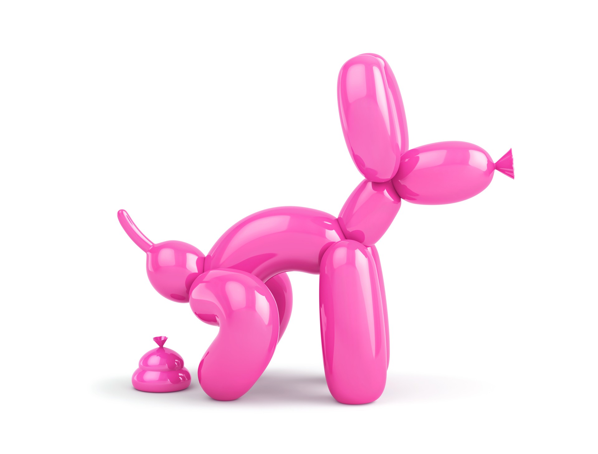 Pink balloon in the shape of pooping dog isolated on white. Clipping path included